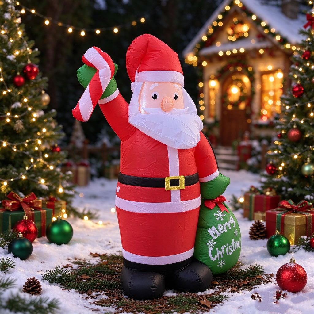 4FT Christmas Inflatable Santa Claus Yard Decoration, Blow‐up Santa with LED Light, Candy Cane & Gift Bag, Polyester