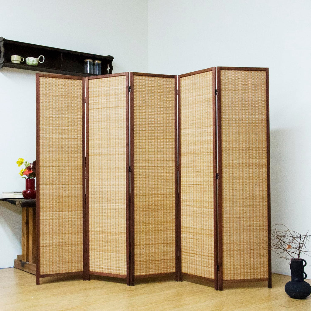 5-Panel Bamboo Room Divider - 5.6 ft Tall Brown Folding Privacy Screen, Double-Sided Freestanding Partition Wall with