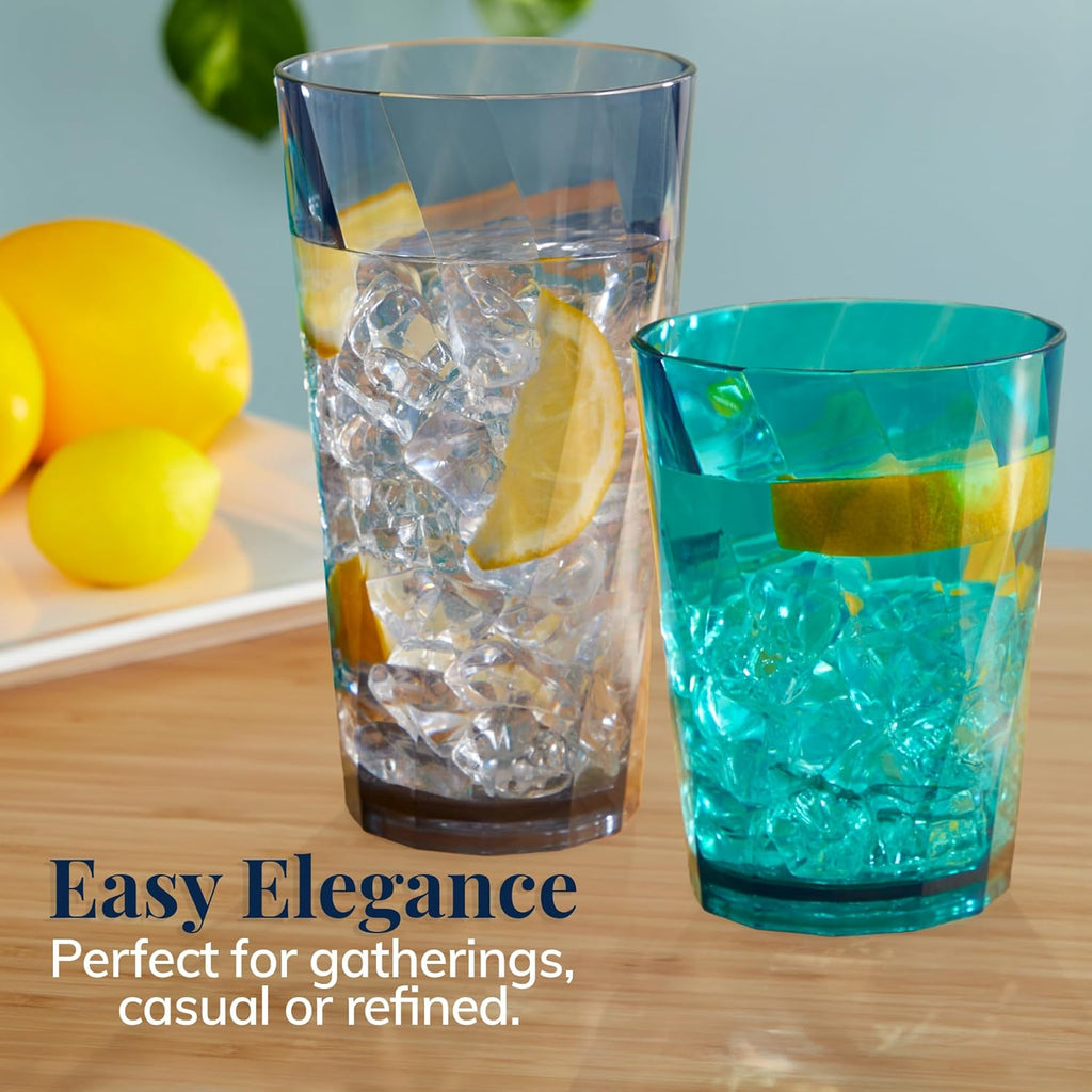 Optix Plastic Reusable Drinking Glasses (Set of 16) 14oz Rocks & 20oz Water Cups in Coastal Colors | BPA-Free