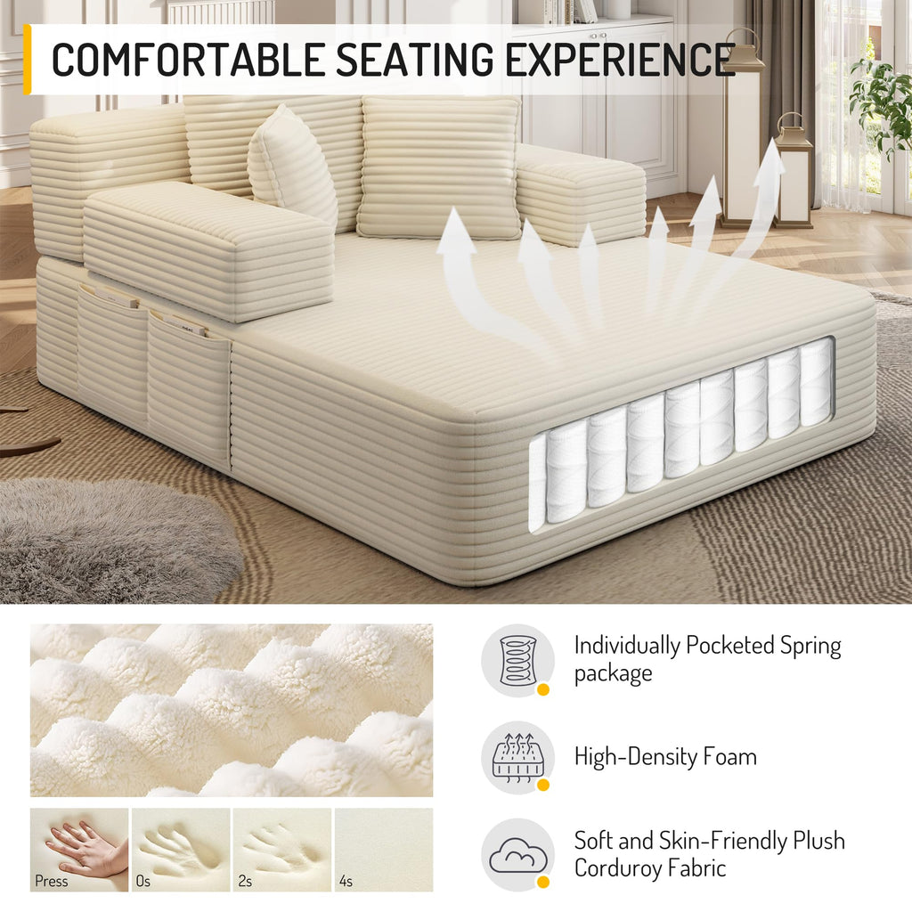 48.5'' Oversized Chaise Lounge Indoor, Corduroy Boneless Couch, Beige
