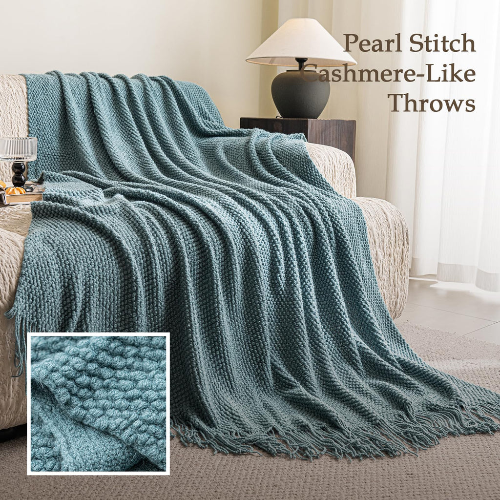 Textured Knit Throw Blanket with Tassel Fringe for Sofa Bed Couch