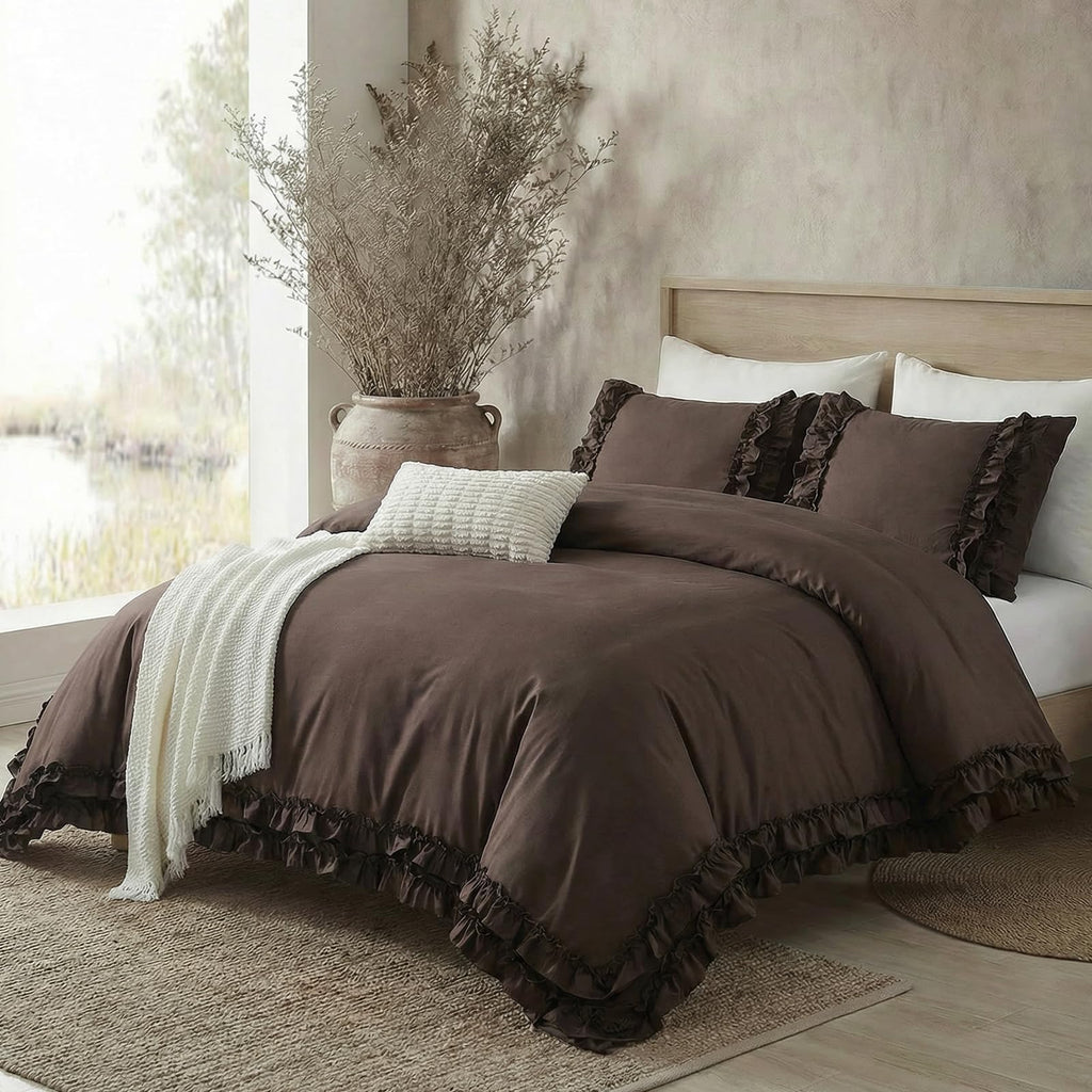 Dark Brown Duvet Cover Set Elegant Ruffled Bedding King Shabby Chic Lace Ruffle Boho Bedroom Decor Vintage Boho Style