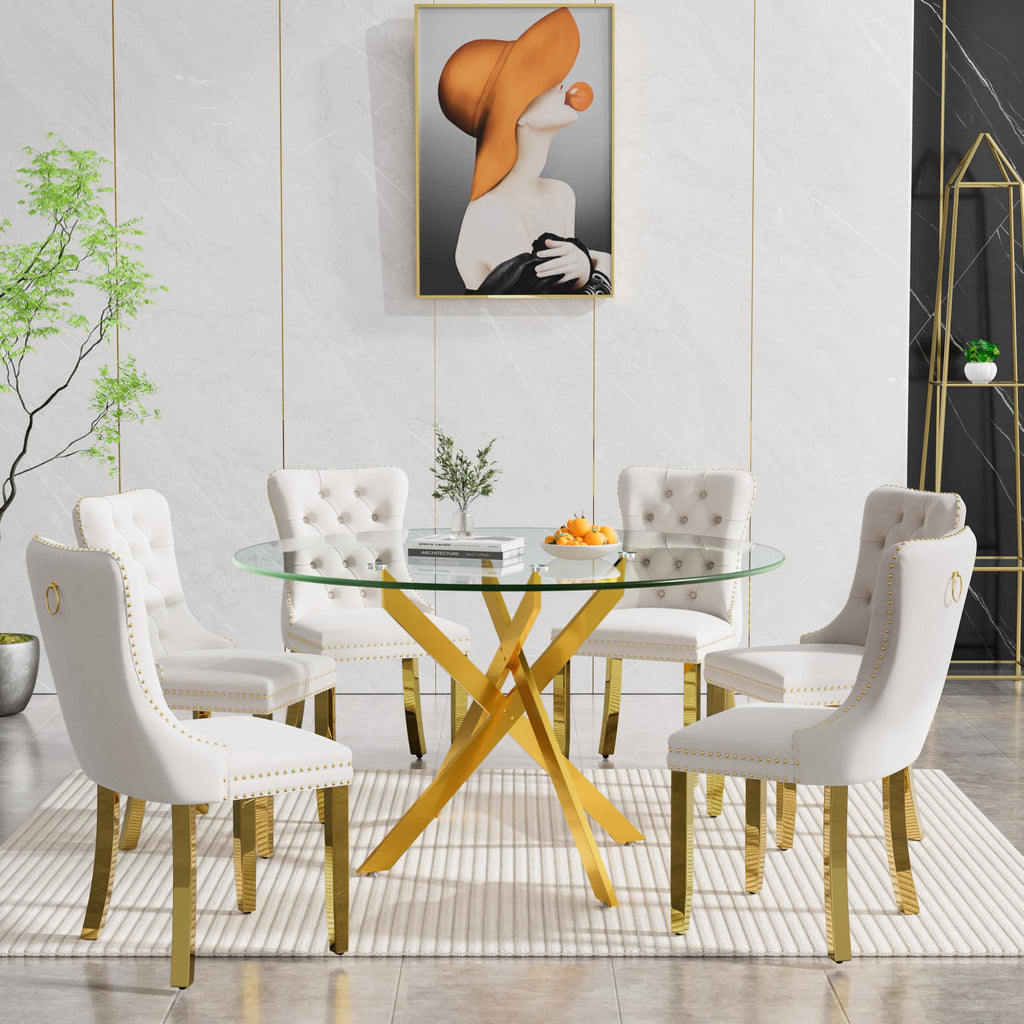 Round Dining Table Set for 6, Modern Glass Kitchen Table and Chairs Set of 6, 7-Piece Dining Room Table Set w/47