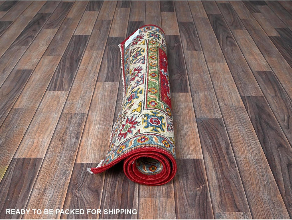 Hand Knotted Kazak Oriental Rug, Crimson Red, Wool, Geometric Medallion Design, Natural Dyes, 3' x 4'