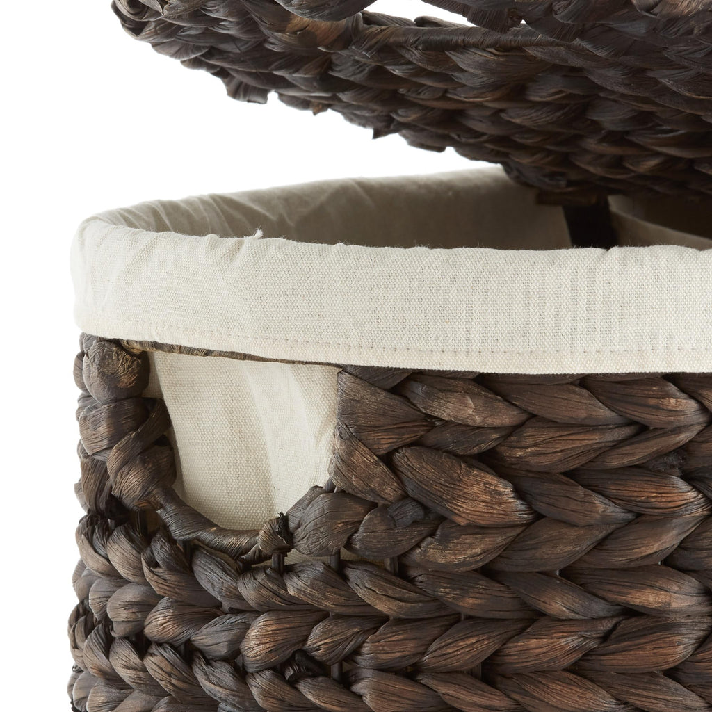 Oval Laundry Hamper with Lids and Removable Liner Bags - Espresso Dark Brown, Woven Water Hyacinth 2-Section Laundry