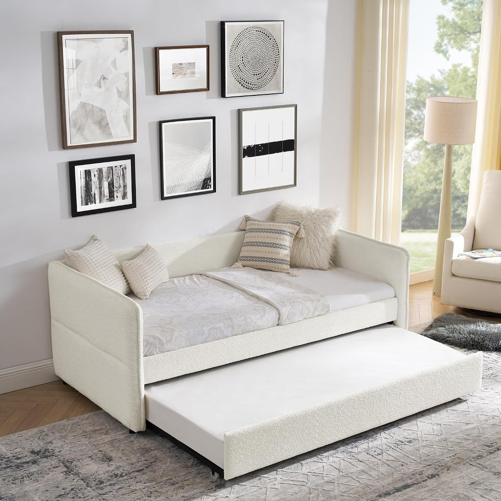 Twin Size Upholstery Tufted Daybed with Erectable Trundle, Twin to King Design Modern Extendable Boucle Sofa Bed