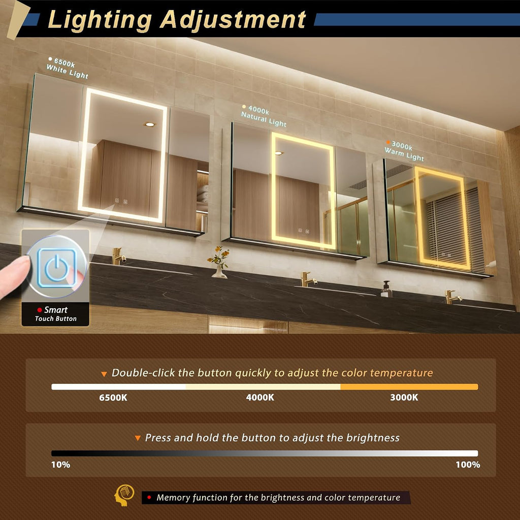 40*28 inch Three-door Aluminum LED Lighted Bathroom Medicine Mirror Cabinet | Light Adjustable, Sockets & USBs