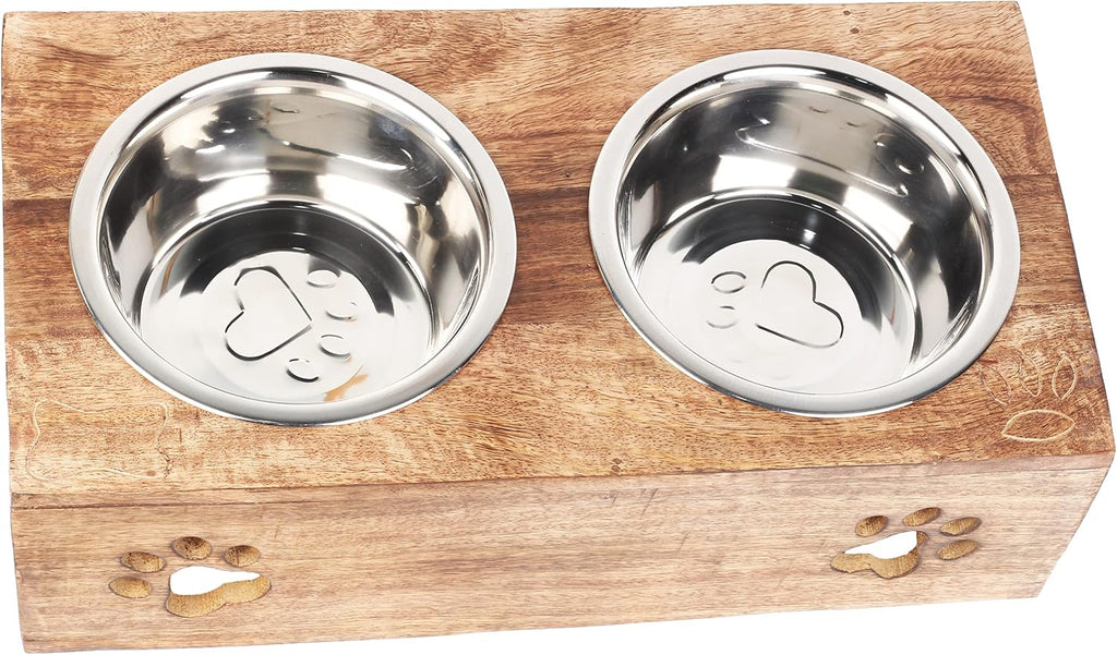 Wooden Dog Cat Pet Feeder Station Stand with 2 Stainless Steel Bowls | Raised Cat Bowl Dogs Bowl Elevated Cat Dog