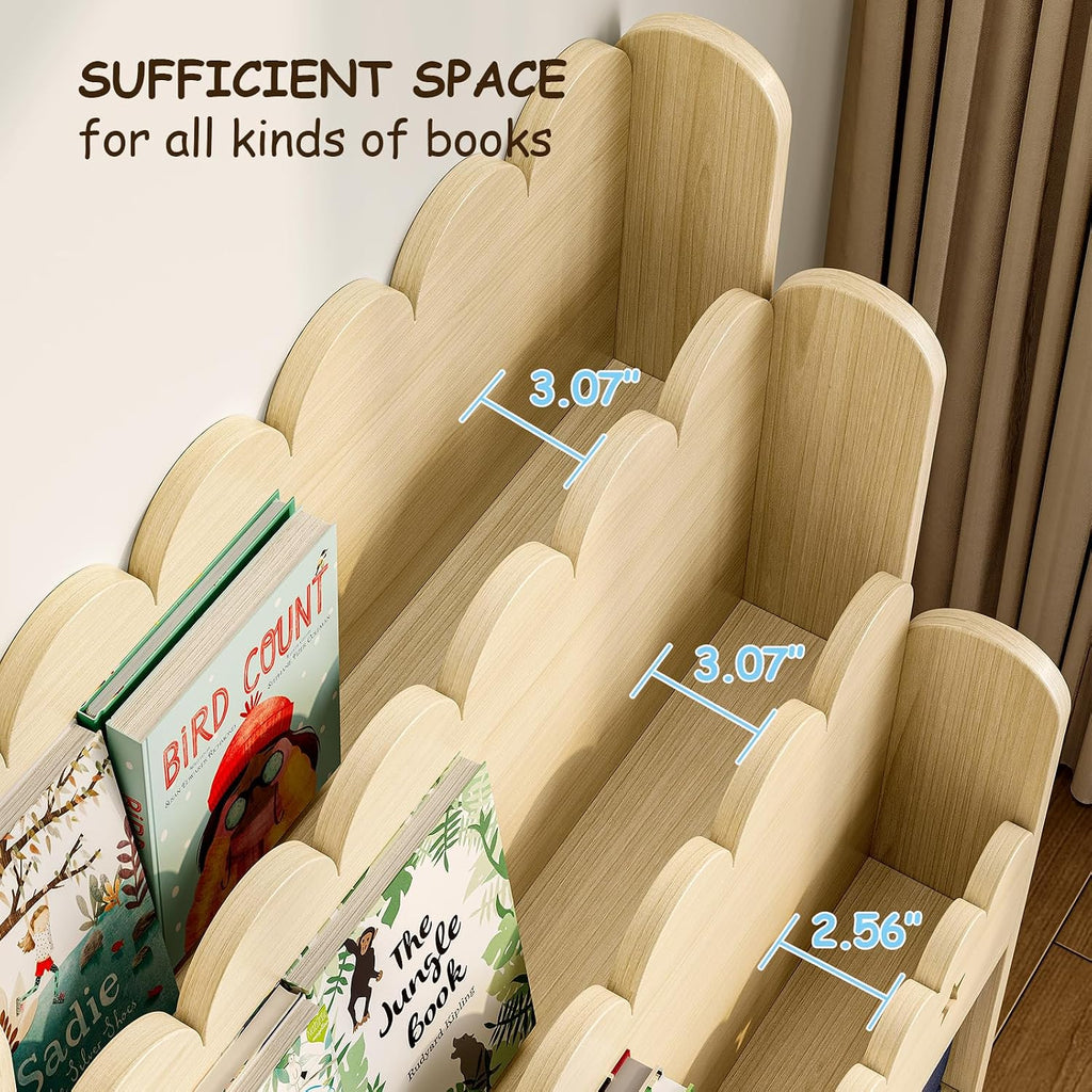 2-in-1 Kids Bookshelf with Toy Storage Drawers, Scalloped Montessori Bookcase Front Facing for Toddlers, Solid Wood