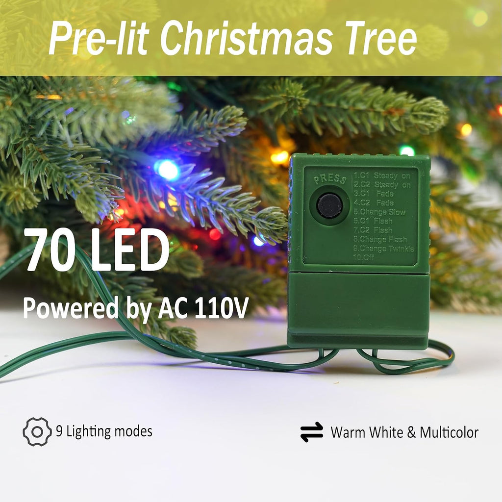 Prelighted Mini Christmas Tree 2 Ft with 70 LED Warm & Multi-Color Light, Artificial Small Xmas Tree 24 inch Tabletop