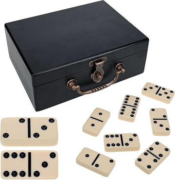 Double 6 Dominoes in Black Stained Wooden Treasure Box, Dominoes Set for Adults, Ivory Color Double Six Domino