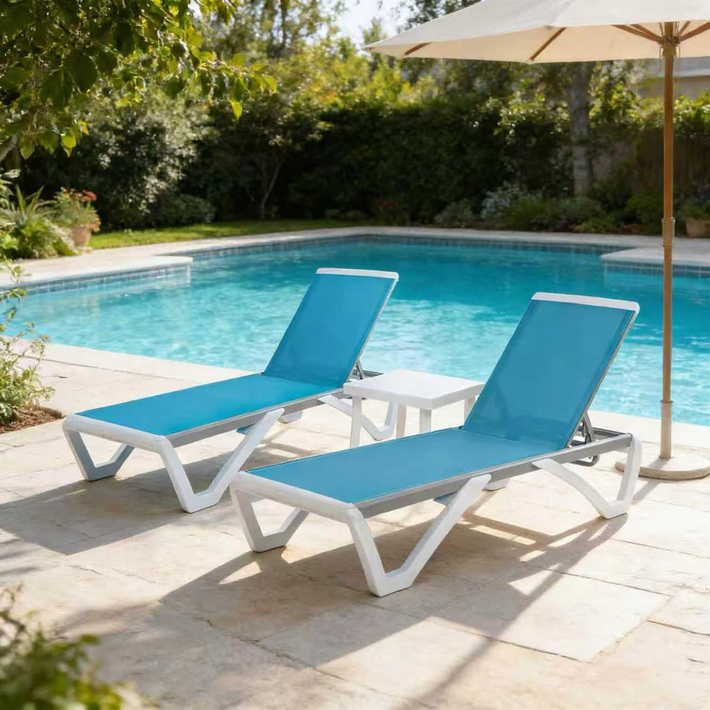 3-Piece Outdoor Chaise Lounge Set Fully Flat Adjustable Lounger | Aluminum Frame, Resin Legs, Textilene Fabric
