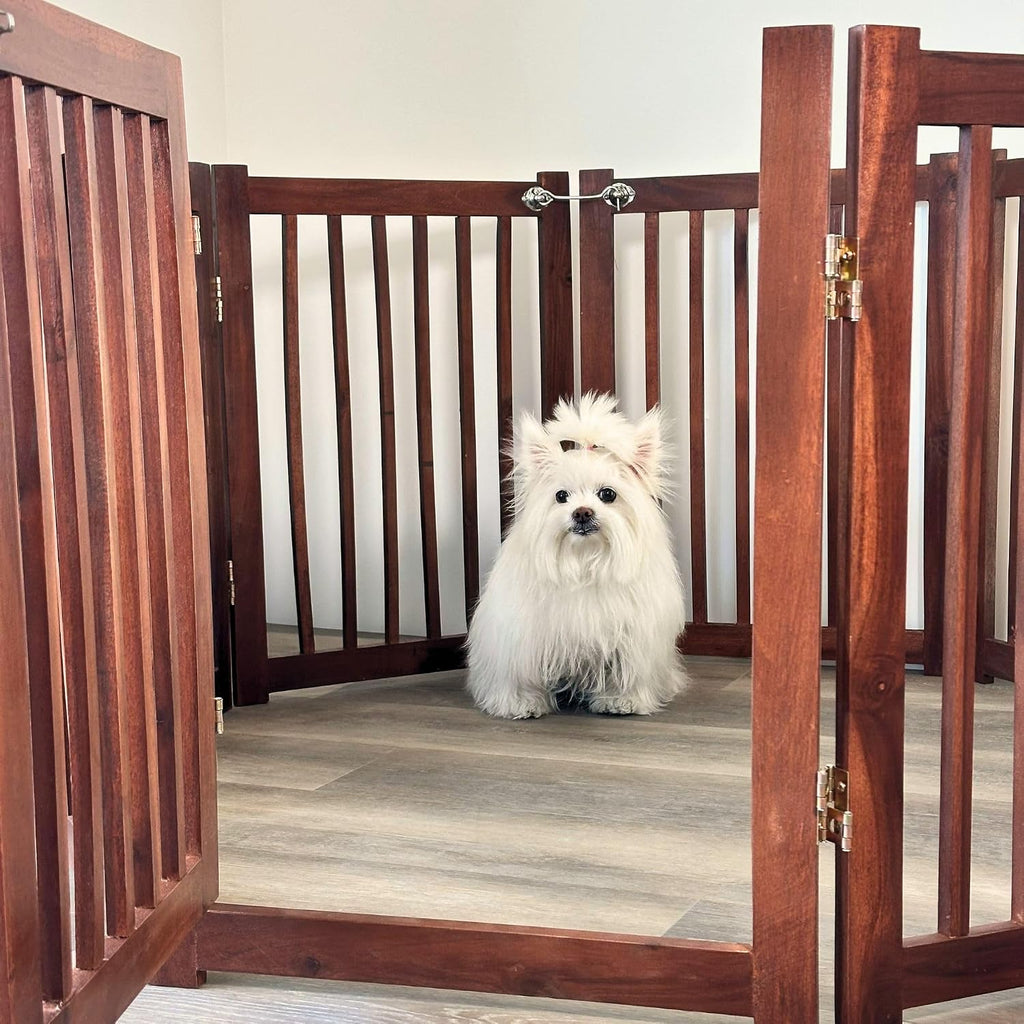 Extra Wide 8-Panel Freestanding Indoor Pet Gate with Door / 142" W, 24" H/Foldable, Solid Acacia Wood, Portable