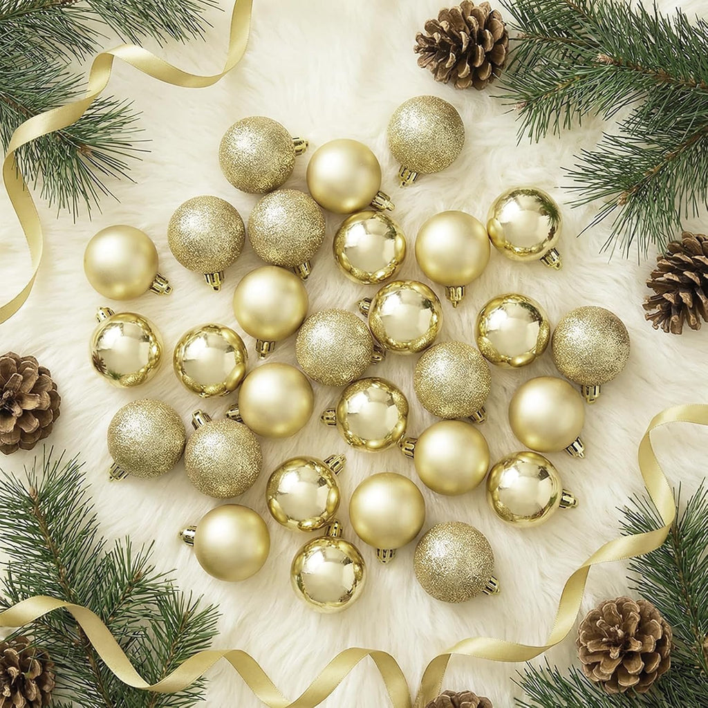 4cm/1.57" Shatterproof Christmas Balls Ornaments, Pre-Strung Hanging Xmas Tree Decorations, 3 Styles Holiday - Set of 24