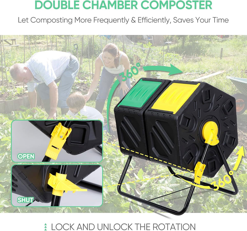 Dual Chamber Composting Tumbler Bin, Tumbling Composter with 2 Sliding Doors for All Season Outdoor, Gardens, Yard