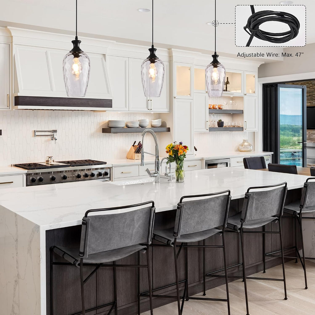 Glass Pendant Lights Kitchen Island, 1-Light Black Pendant Light Fixtures with Hand-Blown Clear Glass, Farmhouse