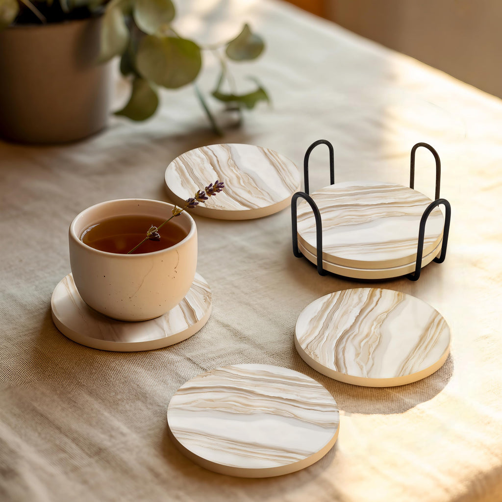 Absorbent Marble Look Ceramic Drink Coasters Set of 6 with Holder