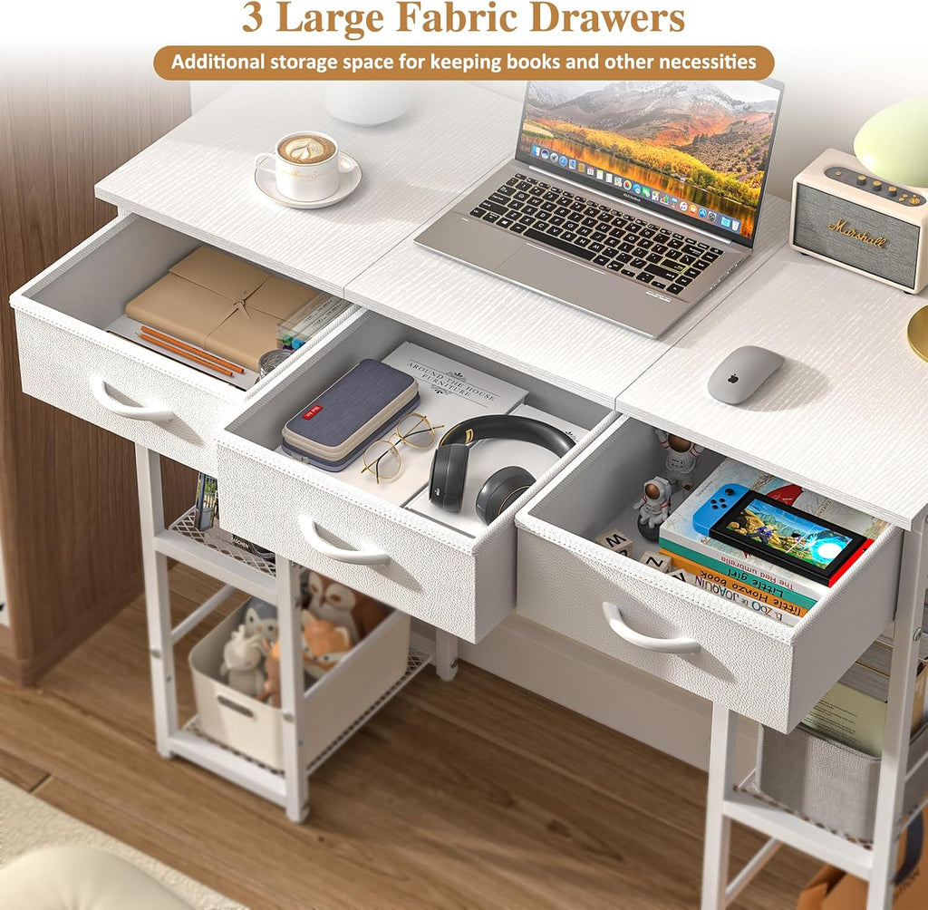 White Computer Desk with Drawers, 35.5 Inch Home Office Work Table with Bookshelf, Kids Teens Study Writing Table