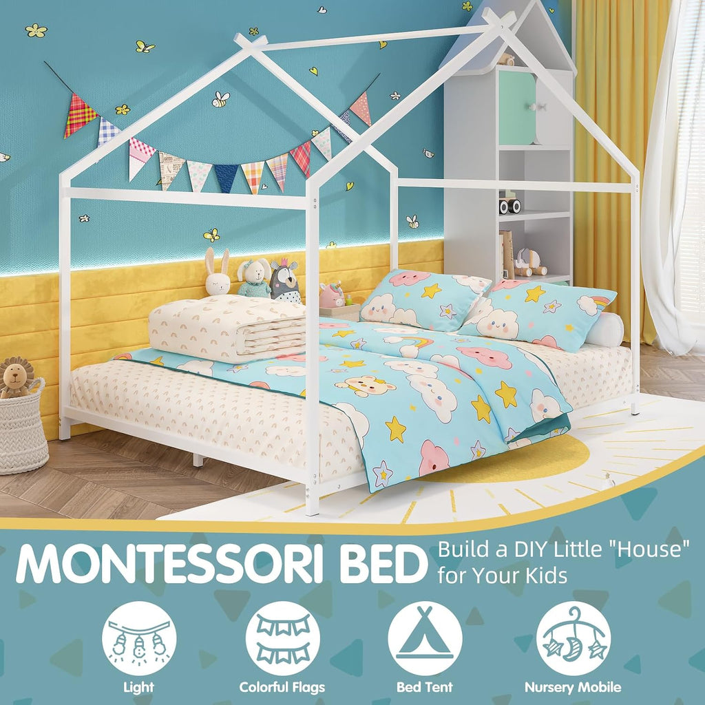 House Shape Montessori House Bed Metal Floor Bed for Kids