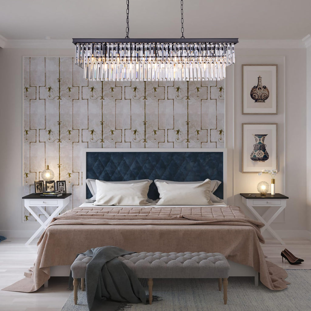 Crystal Chandelier 47-inch, 11-Light Modern Rectangular Black Chandelier Ceiling Hanging, Linear Chandeliers Light