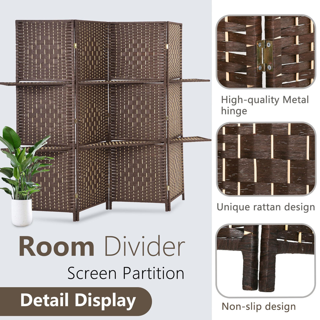 4 Panel Folding Room Divider with Shelves | 5.9ft, Dark Brown