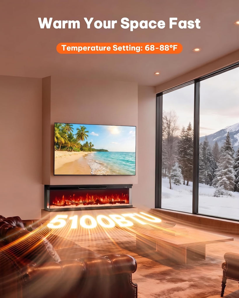 50" 3-Sided Electric Fireplace with Smart App & Alexa Control, 3375 Flame Color Combinations, 15-Color Back, Ember &