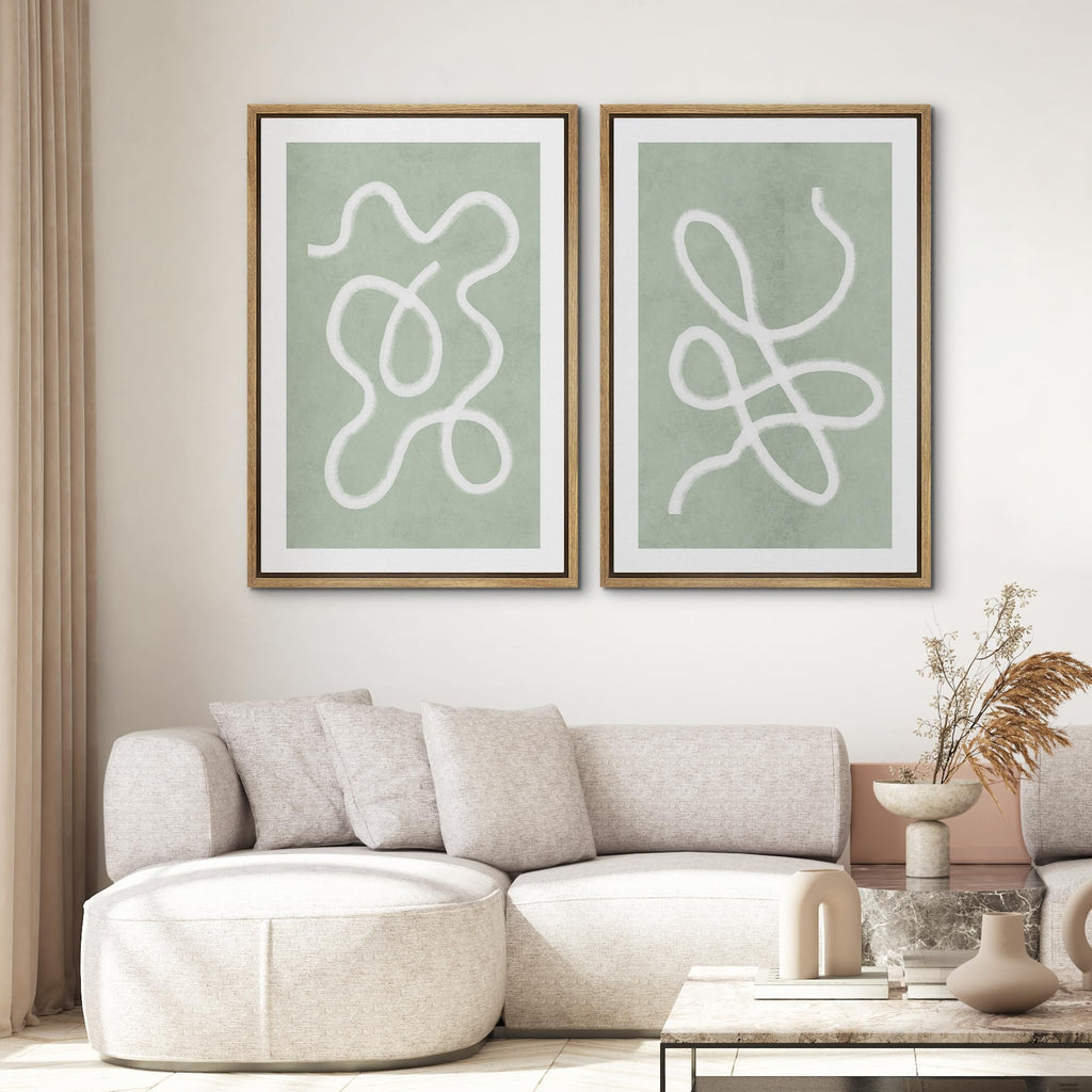 Framed Wall Art Print Set White Line Over Contrasting Green Background Abstract Swirly Digital Art Modern Art