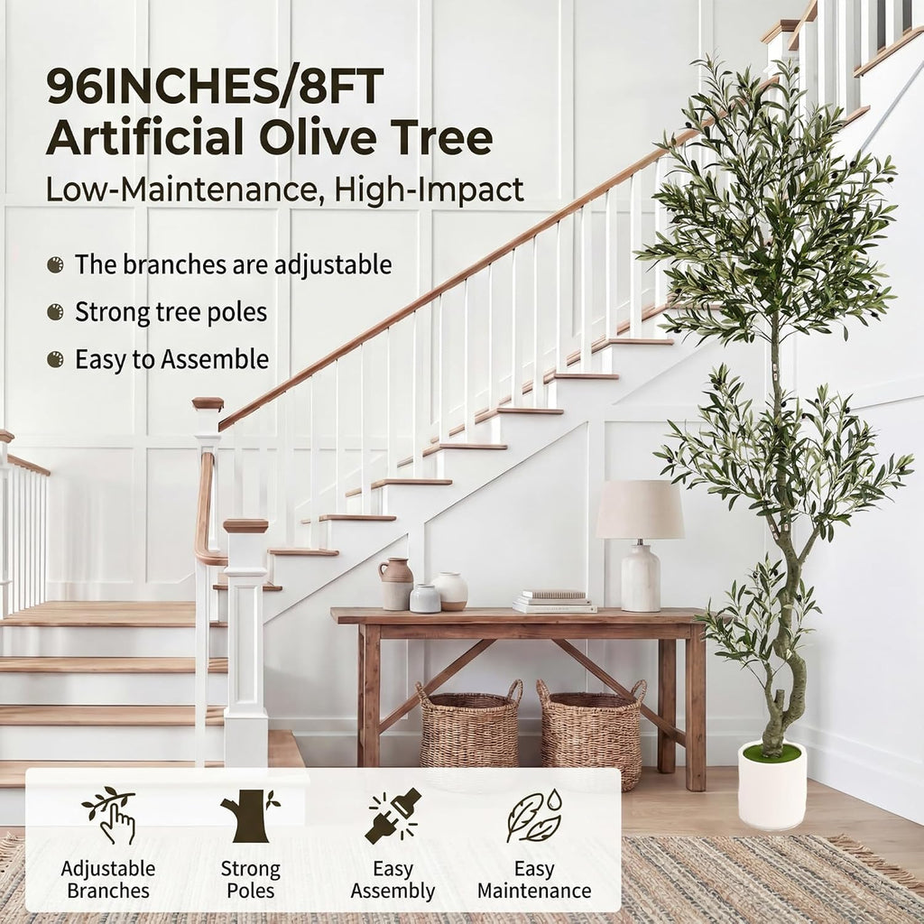 8ft Spherical Fake Olive Tree Artificial Indoor,Faux Olive Tree with Pot,Large Olive Branches and Lifelike Fruits