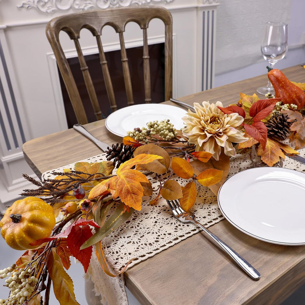 Fall Garland 6Ft Lifelike Autumn Maples Leaf Pumpkin Garland with Berries Pine Cones, Fall Decorations Thanksgiving - Set of 6