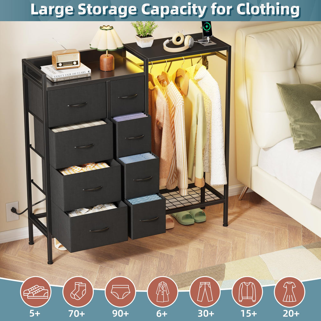8-Drawer Dresser with Hanging Rack, Black, 11.8" D