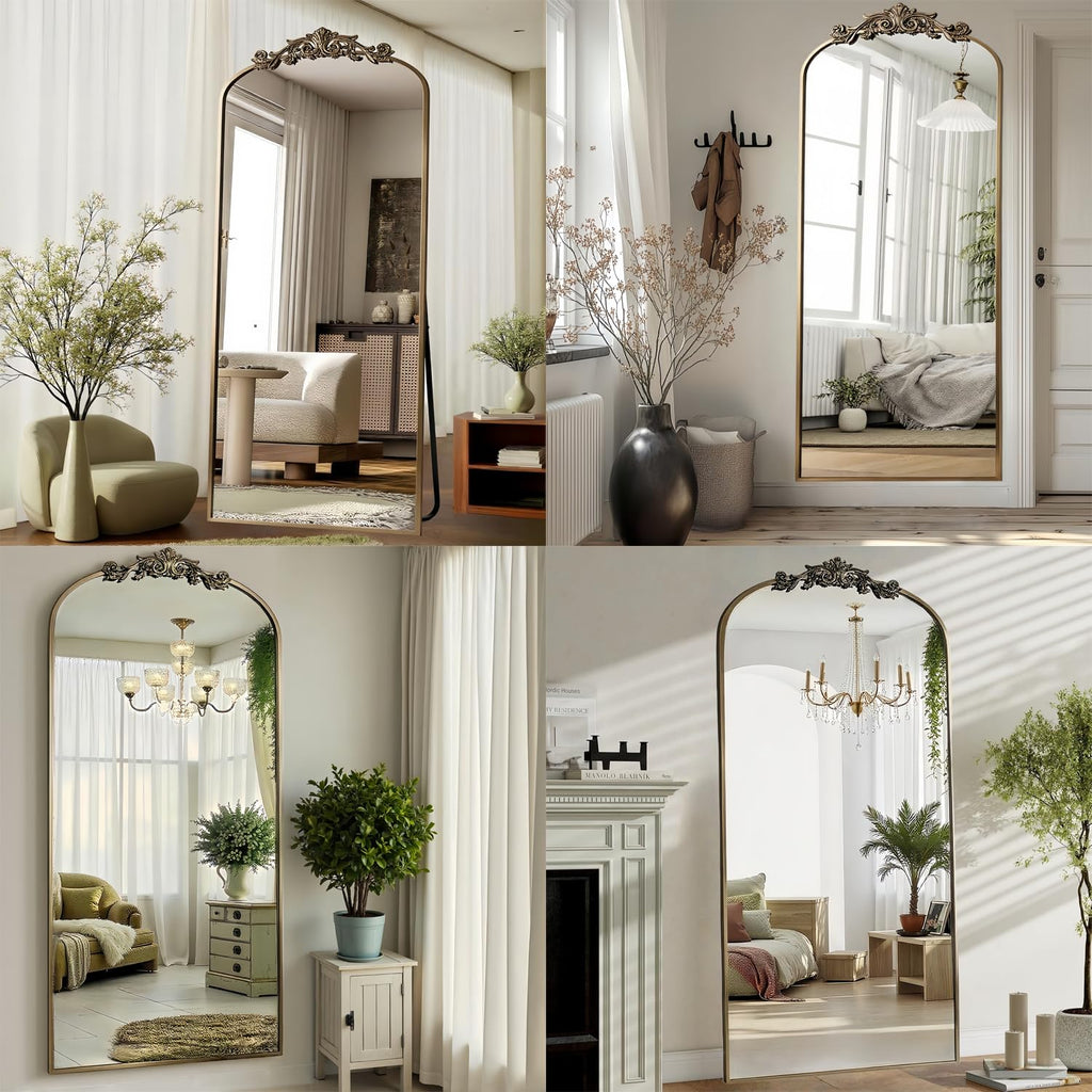 Arched Full Length Mirror, 71"x32" Floor Mirror with Carved, Bronze