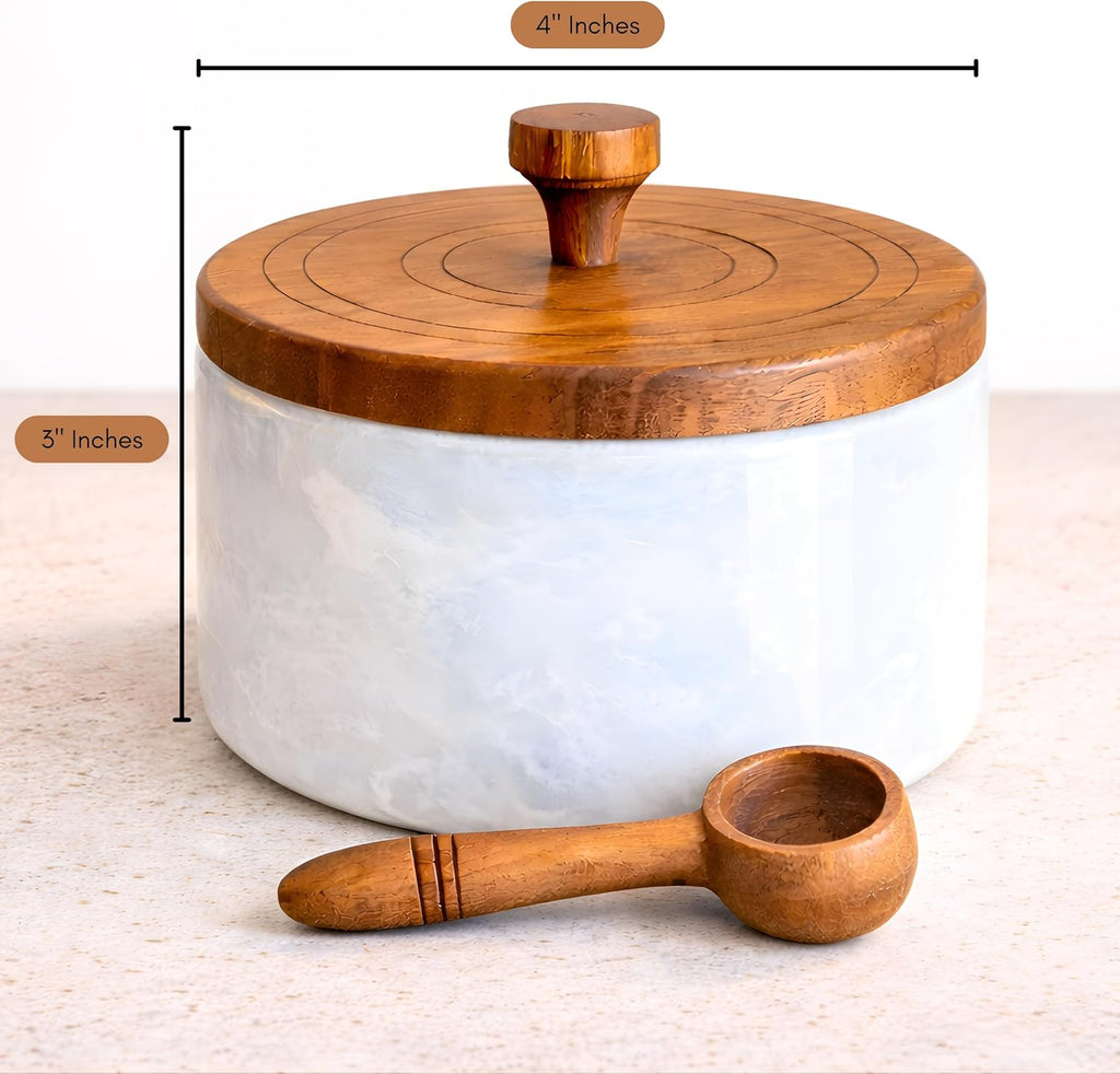 Marble salt cellar with lid and spoon, salt container with spoon, salt bowl with acacia wood lid, salt holder