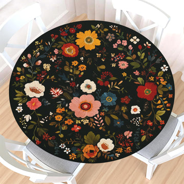 Vintage Floral Round Fitted Tablecloth with Elastic Edge, Water-Resistant Wipeable Colorful Boho Black Bohemian
