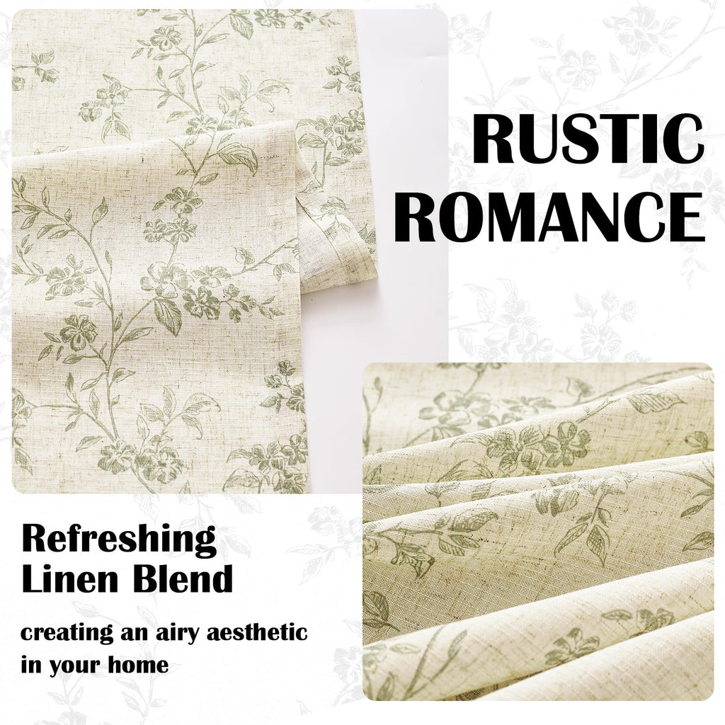 Extra Long Green Vintage Floral Linen Curtains Farmhouse 2 Panels