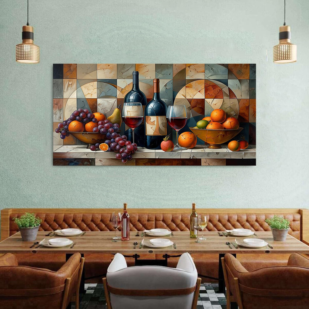 Geometric Kitchen Wall Art Abstract Wine Canvas Prints Red Wine Glass and Fruit Pictures Rustic Farmhouse Still Life