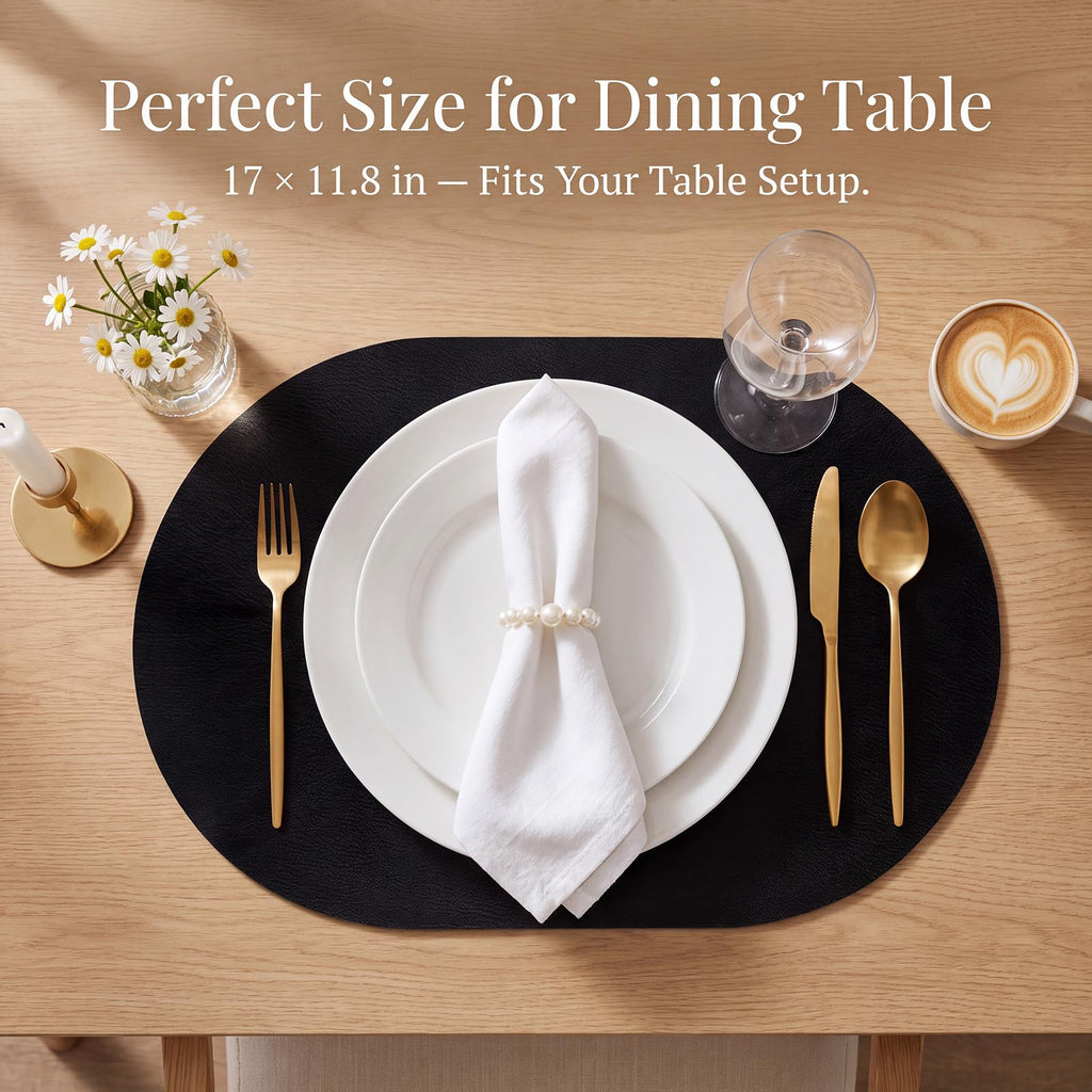 Oval Placemats Set of 4, Wipeable Faux Leather, Black