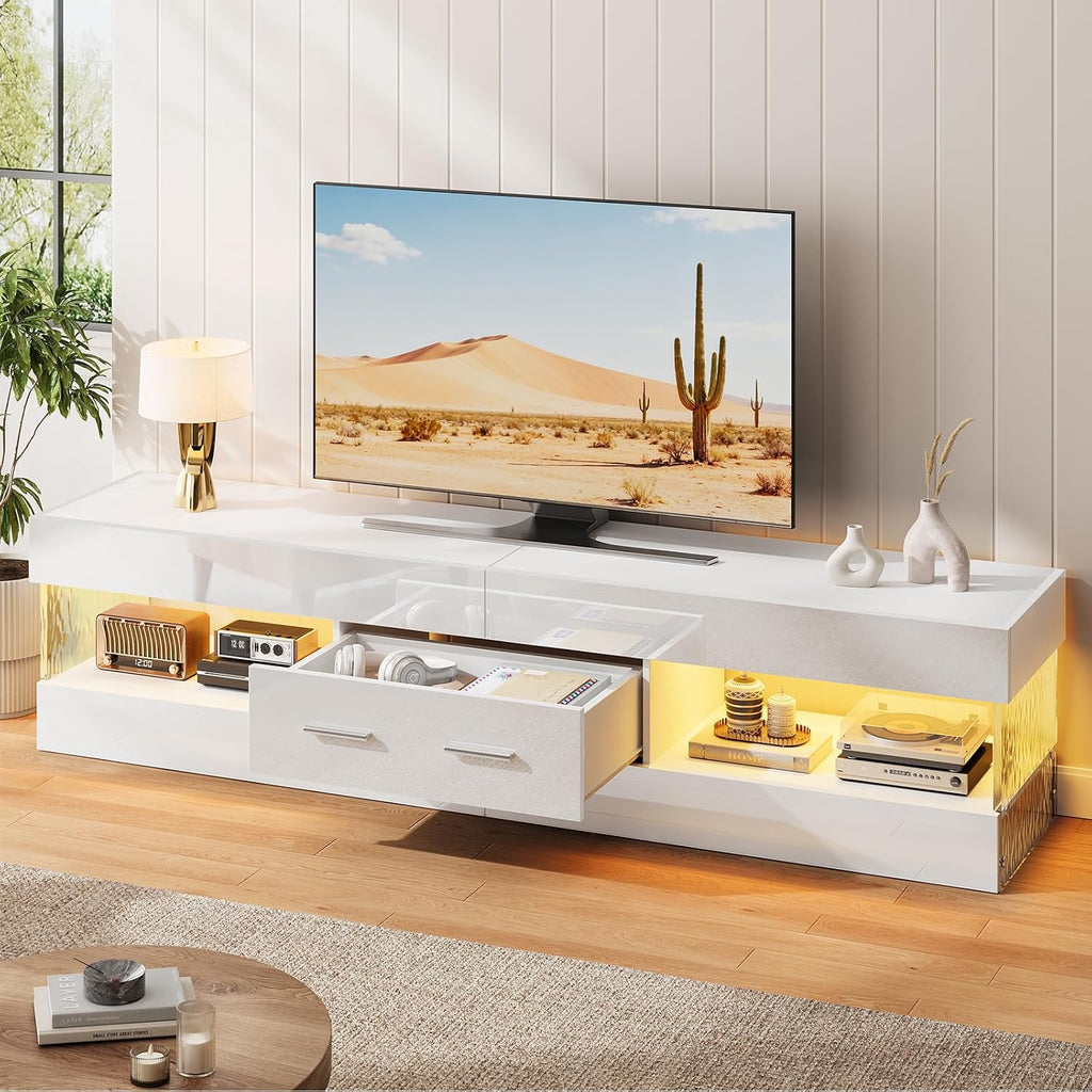 67" Modern TV Stand for TVs up to 75 Inch, High Gloss LED Entertainment Center with Stone-Patterned Doors, TV Console