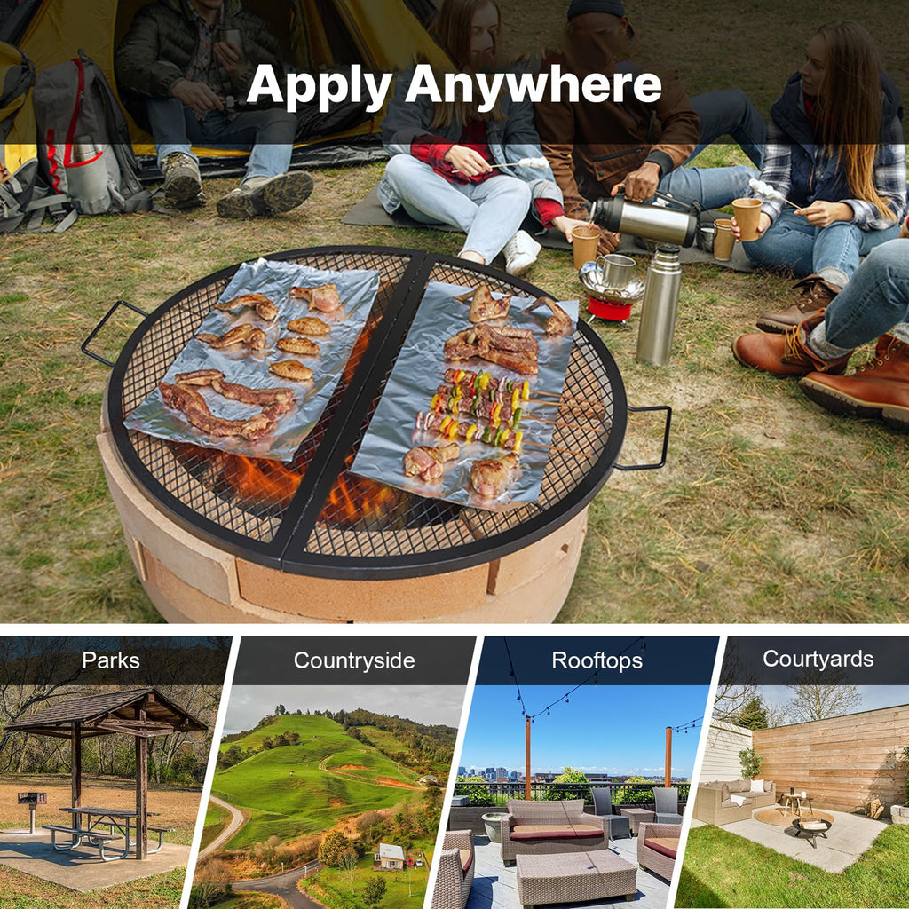 X-Marks Fire Pit Grill Grate, Foldable Round Cooking Grate, Heavy Duty Steel Campfire BBQ Grill Grid with Handle and