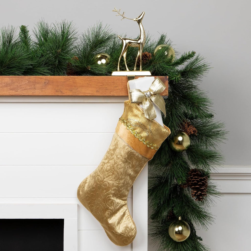20.5" Gold Etched Velvet Christmas Stocking Glitter Print Trim