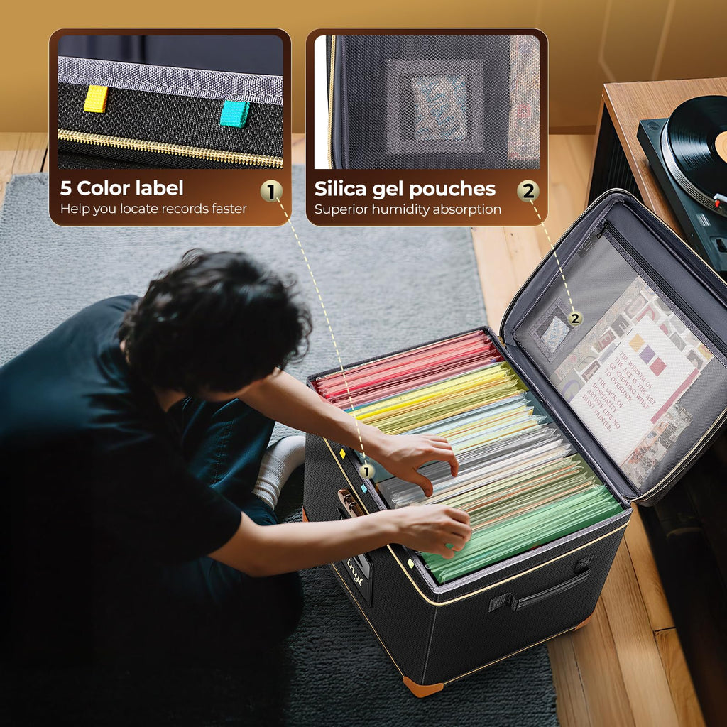 Vinyl Record Storage Box with Lock, Fireproof & Water-Resistant