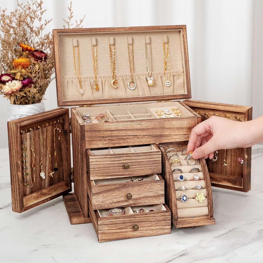Jewelry Box Organizer, Solid Wood Jewelry Boxes for Women for Storage & Display Necklace Ring Earring Bracelet