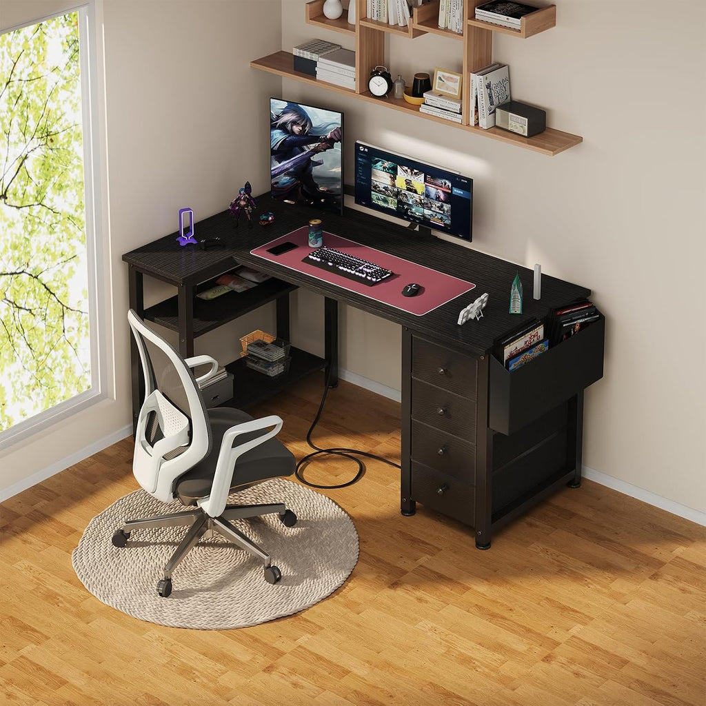 L Shaped Gaming Desk with Power Outlet, 47 Inch Reversible Corner Computer Desk with Drawers & Storage Shelves