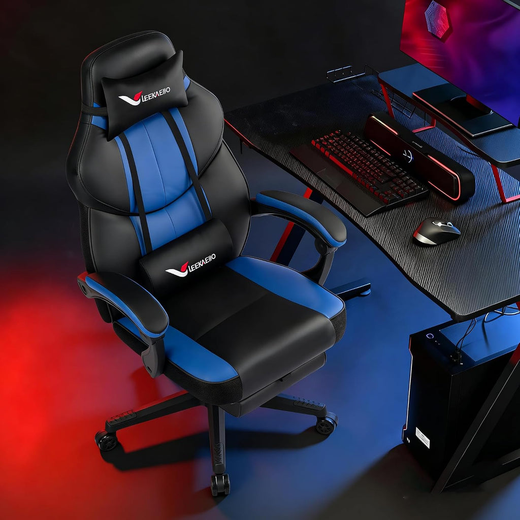 Blue Gaming Chair Big and Tall 400lbs, Ergonomic Office Chair with Pocket Spring Cushion, Retractable Footrest