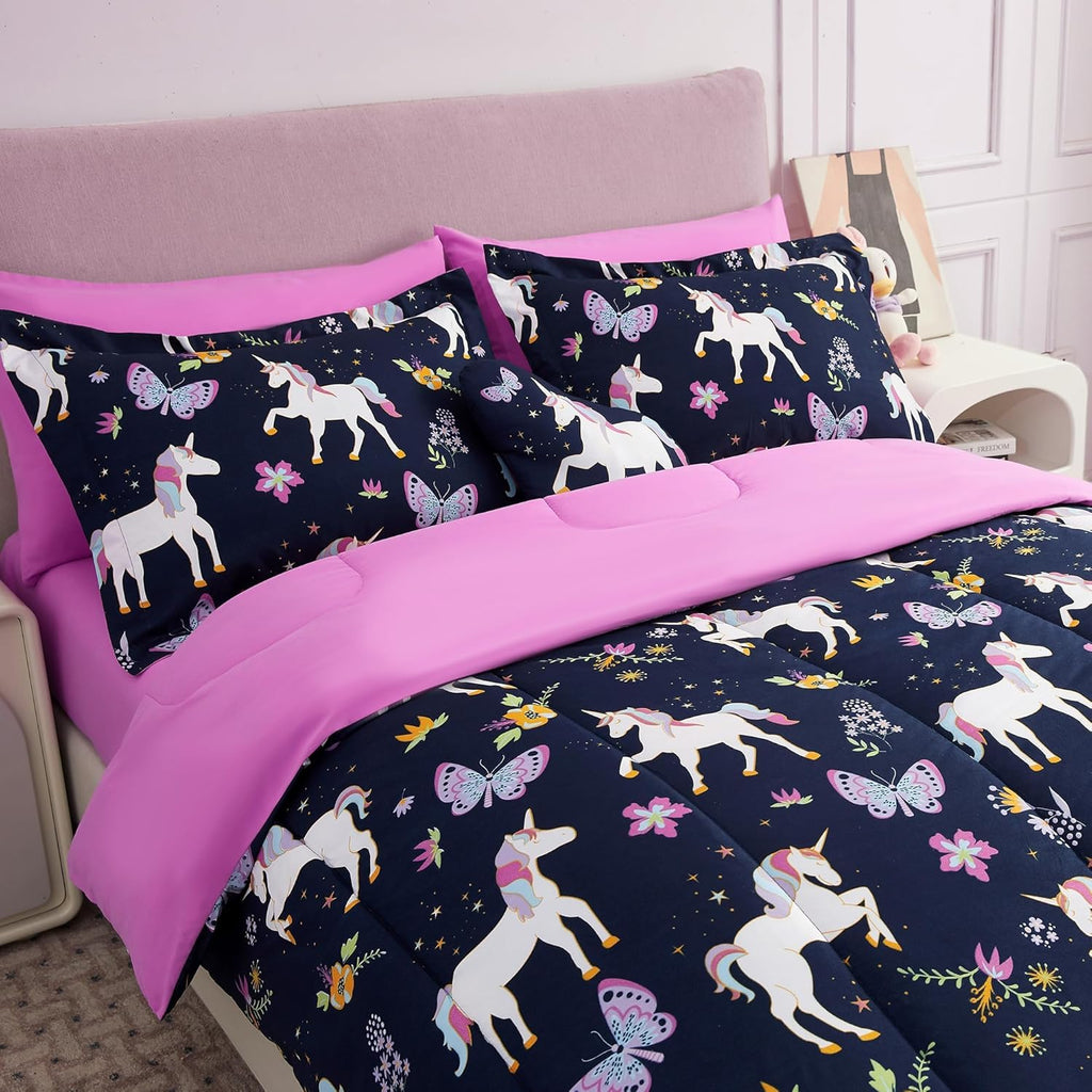 Kids Comforter Bed Set Twin for Girls, 6 Pieces Bed in a Bag with Shams, Sheet Set, Pink Unicorn Twin Soft Microfiber