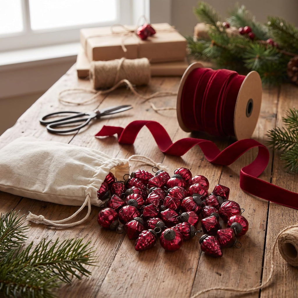 36-Piece Embossed Mercury Glass Ornament Set, Red
