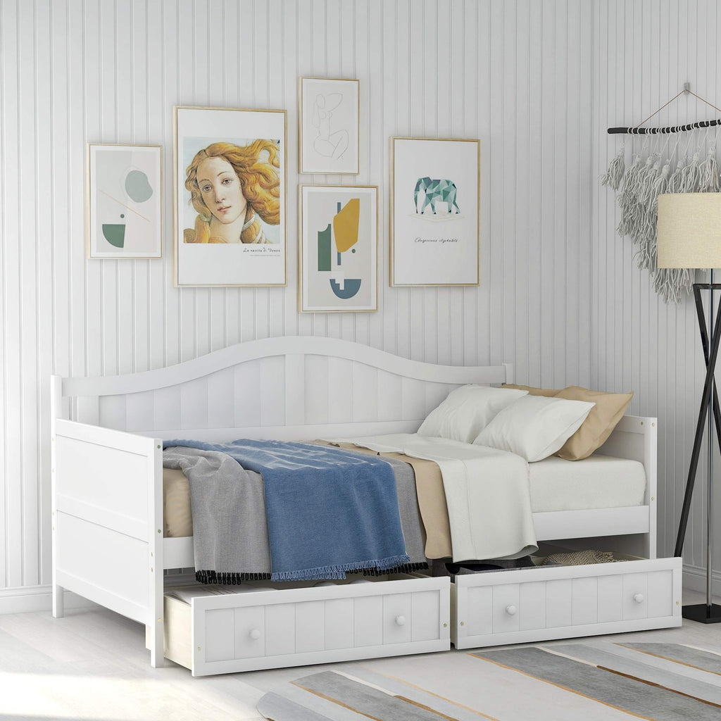 Daybed with Storage Drawers, Sturdy Pine Wood Corner Bed Frame with Headboard, Farmhouse Daybed Living
