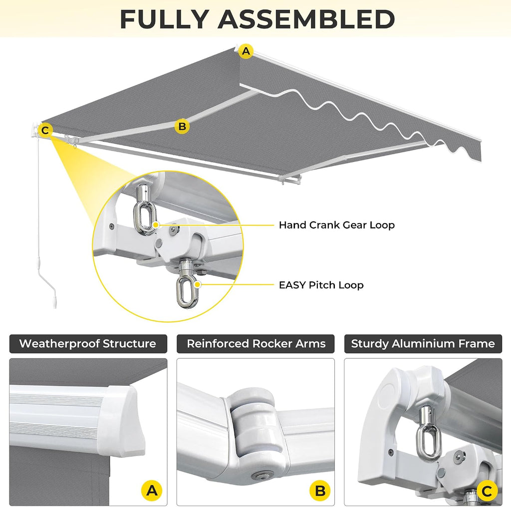 13.1'x9.8' Patio Awning Retractable Fully Assembled, Grey | Manual Sunshade Shelter Outdoor Deck Canopy Balcony