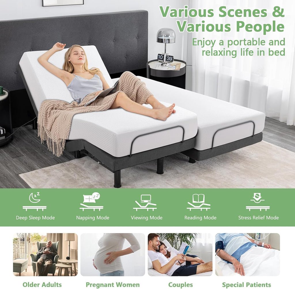 Split King Adjustable Bed Frame with Massage + 14 Inch Gray Gel Medium Firm Memory Foam Mattress in a Box, Bed Base - Set of 4