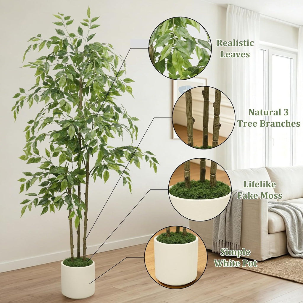 5ft Artificial Ficus Tree with Triple Trunk & White Planter Faux Ficus Tree