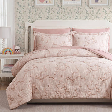 Pink Full Comforter Set for Girls- 7 Pieces Bowknot Jacquard Bed in A Bag Full Bedding Sets with Sheets, Pillowcases